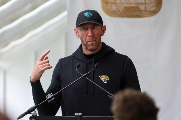 CHADLER’S CROSS, ENGLAND - October 9th: Head Coach Liam Coan of the Jacksonville Jaguars ding a Q&A media session during the Jacksonville Jaguars training session at The Grove on October 9, 2026 in Chandler’s Cross, England on October 9th 2026, in Hertfordshire England. Copyright: xPhillipxRockerx xSPPx Sportspressphoto_SPR249395