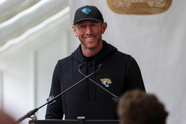 CHADLER’S CROSS, ENGLAND - October 9th: Head Coach Liam Coan of the Jacksonville Jaguars duriing a Q&A media session during the Jacksonville Jaguars training session at The Grove on October 9, 2026 in Chandler’s Cross, England on October 9th 2026, in Hertfordshire England. Copyright: xPhillipxRockerx xSPPx Sportspressphoto_SPR249396