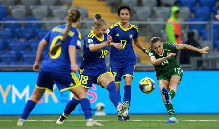 2027 FIFA Women s World Cup Round One Qualifying Play-off First Leg, Astana Arena, Astana, Kazakhstan 9 10 2026 Kazakhstan vs Republic of Ireland Ireland™s Abbie Larkin with Alexandra Burova of Kazakhstan Abbie Larkin with Alexandra Burova 9 10 2026  Copyright: xx BASN3693