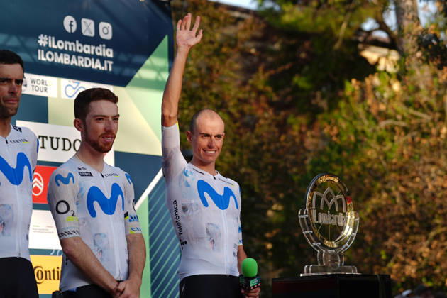 Spain s Enric Mas Nicolau of Movistar Team during the team presentation on the eve of the 120th edition of Il Lombardia cycling race, in Bergamo on October 9, 2026, prior to the 239 km one-day race from Bergamo to Como, Italy. Copyright: xGianxMattiaxD Alberto LaPressex