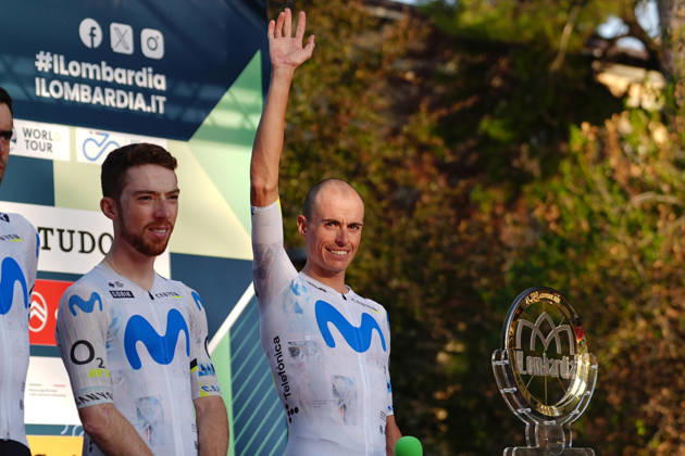 Spain s Enric Mas Nicolau of Movistar Team during the team presentation on the eve of the 120th edition of Il Lombardia cycling race, in Bergamo on October 9, 2026, prior to the 239 km one-day race from Bergamo to Como, Italy. Copyright: xGianxMattiaxD Alberto LaPressex