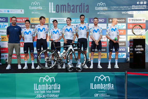 Movistar Team during the team presentation on the eve of the 120th edition of Il Lombardia cycling race, in Bergamo on October 9, 2026, prior to the 239 km one-day race from Bergamo to Como, Italy. Copyright: xGianxMattiaxD Alberto LaPressex