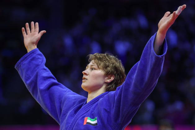AZERBAIJAN, BAKU - OCTOBER 9, 2026: Yelizaveta Litvinenko of the UAE celebrates her victory in a -78 kg bout against Kaila Issoufi of France as part of the 2026 World Judo Championships at the National Gymnastics Arena. Mikhail Sinitsyn TASS 98995355