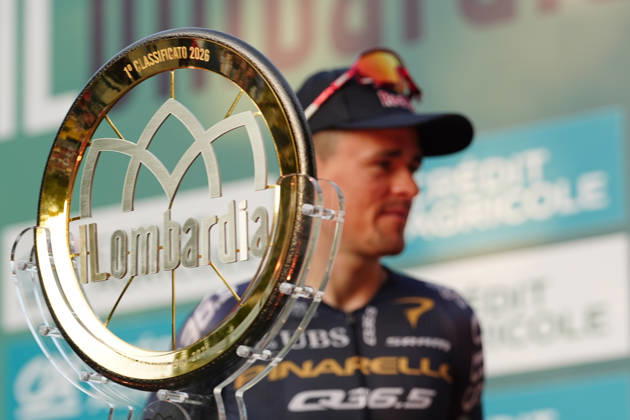 Pinarello-Q36.5 Pro Cycling Team during the team presentation on the eve of the 120th edition of Il Lombardia cycling race, in Bergamo on October 9, 2026, prior to the 239 km one-day race from Bergamo to Como, Italy. Copyright: xGianxMattiaxD Alberto LaPressex