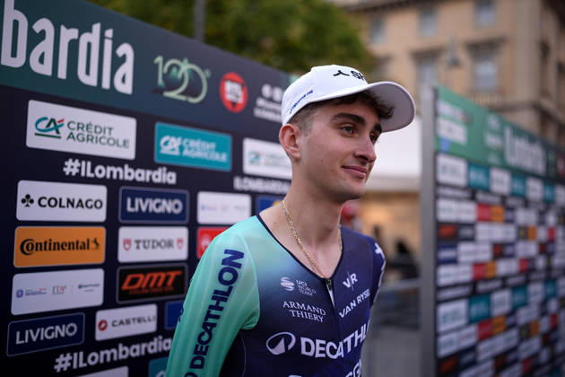 France s Paul Seixas of Decathlon CMA CGM Team during the team presentation on the eve of the 120th edition of Il Lombardia cycling race, in Bergamo on October 9, 2026, prior to the 239 km one-day race from Bergamo to Como, Italy. Copyright: xMarcoxAlpozzi LaPressex
