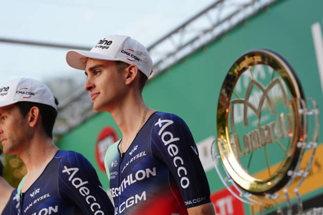 France s Paul Seixas of Decathlon CMA CGM Team during the team presentation on the eve of the 120th edition of Il Lombardia cycling race, in Bergamo on October 9, 2026, prior to the 239 km one-day race from Bergamo to Como, Italy. Copyright: xGianxMattiaxD Alberto LaPressex
