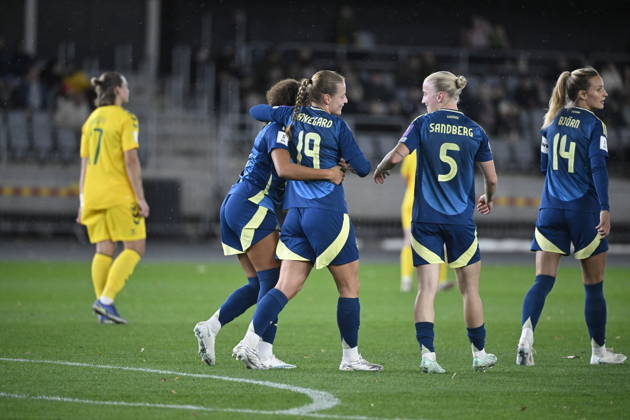 KAUNAS, LITHUANIA 20261009 Sweden s Felicia Schröder celebrates after scoring a 0-1 penalty during Friday s World Cup playoff soccer match between Lithuania and Sweden at Dariaus ir GirÃ no Stadium.