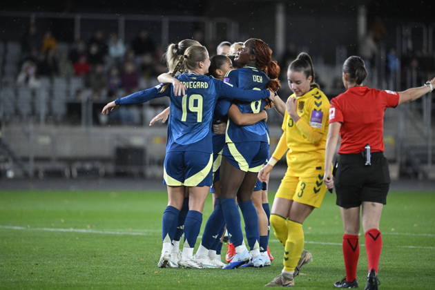 KAUNAS, LITHUANIA 20261009 Sweden s Felicia Schröder celebrates after scoring a 0-1 penalty during Friday s World Cup playoff soccer match between Lithuania and Sweden at Dariaus ir GirÃ no Stadium.