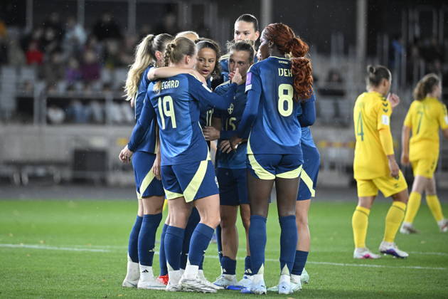 KAUNAS, LITHUANIA 20261009 Sweden s Felicia Schröder celebrates after scoring a 0-1 penalty during Friday s World Cup playoff soccer match between Lithuania and Sweden at Dariaus ir GirÃ no Stadium.