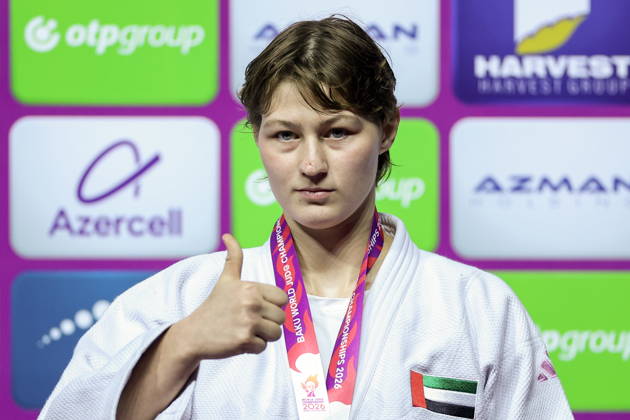 AZERBAIJAN, BAKU - OCTOBER 9, 2026: Yelizaveta Litvinenko of the UAE celebrates her gold medal during an award ceremony for the women s -78 kg category as part of the 2026 World Judo Championships at the National Gymnastics Arena. Mikhail Sinitsyn TASS 98999418