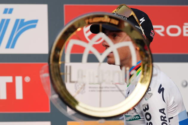 Belgium s Remco Evenepoel of Red Bull - Bora - Hansgrohe during the team presentation on the eve of the 120th edition of Il Lombardia cycling race, in Bergamo on October 9, 2026, prior to the 239 km one-day race from Bergamo to Como, Italy.  Copyright: xGianxMattiaxD Alberto LaPressex