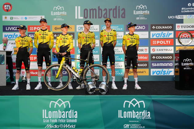 Team Visma Lease a Bike during the team presentation on the eve of the 120th edition of Il Lombardia cycling race, in Bergamo on October 9, 2026, prior to the 239 km one-day race from Bergamo to Como, Italy. Copyright: xGianxMattiaxD Alberto LaPressex