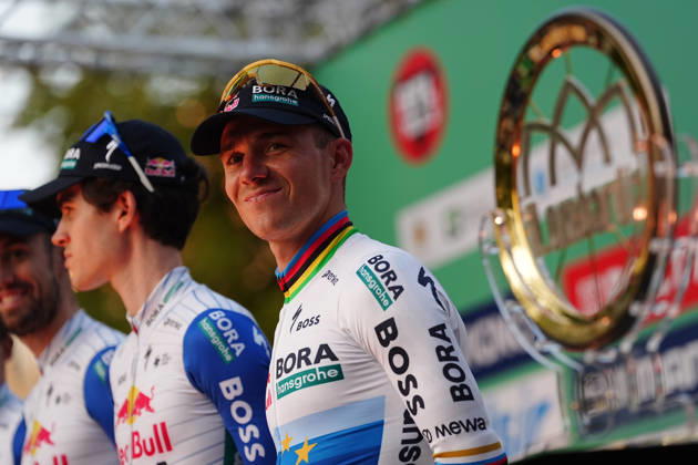 Red Bull - Bora - Hansgrohe during the team presentation on the eve of the 120th edition of Il Lombardia cycling race, in Bergamo on October 9, 2026, prior to the 239 km one-day race from Bergamo to Como, Italy.  Copyright: xGianxMattiaxD Alberto LaPressex