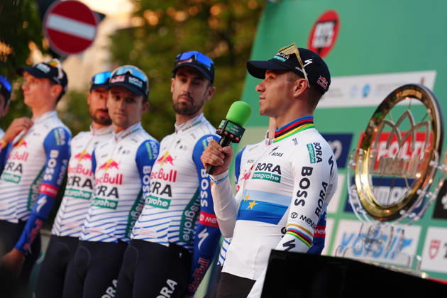 Red Bull - Bora - Hansgrohe during the team presentation on the eve of the 120th edition of Il Lombardia cycling race, in Bergamo on October 9, 2026, prior to the 239 km one-day race from Bergamo to Como, Italy. Copyright: xGianxMattiaxD Alberto LaPressex