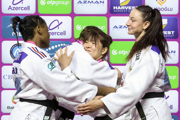 AZERBAIJAN, BAKU - OCTOBER 9, 2026: 2nd placed Kaila Issoufi of France, 1st placed Yelizaveta Litvinenko of the UAE, 3rd placed Kurena Ikeda of Japan and Anna Monta Olek (L-R) of Germany are pictured during an award ceremony for the women s -78 kg category as part of the 2026 World Judo Championships at the National Gymnastics Arena 2026 World Judo Championships In Baku  - ZUMAt113 20261009_zaa_t113_785 Copyright: xMikhailxSinitsynx