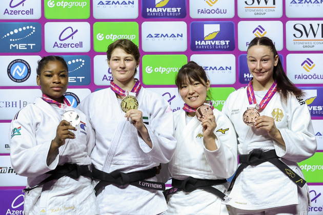 AZERBAIJAN, BAKU - OCTOBER 9, 2026: 2nd placed Kaila Issoufi of France, 1st placed Yelizaveta Litvinenko of the UAE, 3rd placed Kurena Ikeda of Japan and Anna Monta Olek (L-R) of Germany pose during an award ceremony for the women s -78 kg category as part of the 2026 World Judo Championships at the National Gymnastics Arena 2026 World Judo Championships In Baku  - ZUMAt113 20261009_zaa_t113_789 Copyright: xMikhailxSinitsynx