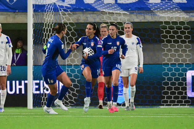 LKS 20261009 From left, Violeta Slovic, goalscorer Vesna Milivojevid and Mina Cavic of Serbia celebraring their first goal (2-1) during the women s World Cup European Qualifying play-off round first leg football match between Finland and Serbia in Tampere, Finland, on October 9, 2026, ahead of the 2027 FIFA Women s World Cup. - ANSSI TAKALA Tampere Finland 72_GFJmiMl4  Copyright: xAnssixTakalax 72_GFJmiMl4