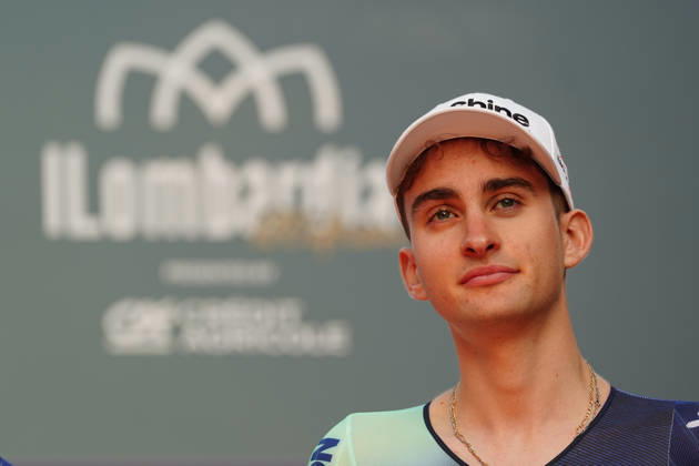 France s Paul Seixas of Decathlon CMA CGM Team during the team presentation on the eve of the 120th edition of Il Lombardia cycling race, in Bergamo on October 9, 2026, prior to the 239 km one-day race from Bergamo to Como, Italy. Copyright: xGianxMattiaxD Alberto LaPressex