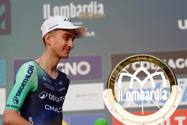 France s Paul Seixas of Decathlon CMA CGM Team during the team presentation on the eve of the 120th edition of Il Lombardia cycling race, in Bergamo on October 9, 2026, prior to the 239 km one-day race from Bergamo to Como, Italy. Copyright: xGianxMattiaxD Alberto LaPressex