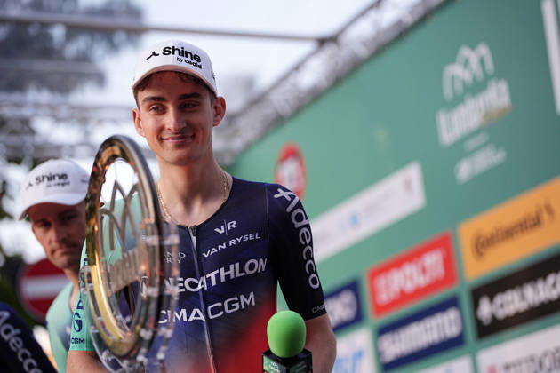 France s Paul Seixas of Decathlon CMA CGM Team during the team presentation on the eve of the 120th edition of Il Lombardia cycling race, in Bergamo on October 9, 2026, prior to the 239 km one-day race from Bergamo to Como, Italy. Copyright: xMarcoxAlpozzi LaPressex