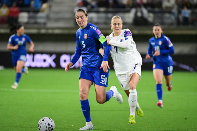 Violeta Slovic of Serbia (left) and Adelina Engman of FInland in action during the women s World Cup European Qualifying play-off round first leg football match between Finland and Serbia in Tampere, Finland, on October 9, 2026, ahead of the 2027 FIFA Women s World Cup. - ANSSI TAKALA Tampere Finland HU-pJ5-m9Zw  Copyright: xAnssixTakalax HU-pJ5-m9Zw