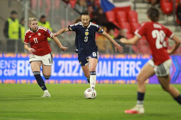 Tereza Krejcirikova of Czechia and Caroline Weir of Scotland in action. Czechia Women v Scotland Women, Women s European World Cup Qualifier, Football, Stadion Arnosta, Pardubice, Czechia - 09 Oct 2026Pardubice Stadion Arnosta Czech Republic  Copyright: xMilanxKammermayer Shutterstockx 17195777ai