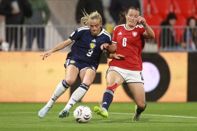 Amy Muir of Scotland and Eva Bartonova of Czechia in action. Czechia Women v Scotland Women, Women s European World Cup Qualifier, Football, Stadion Arnosta, Pardubice, Czechia - 09 Oct 2026Pardubice Stadion Arnosta Czech Republic  Copyright: xMilanxKammermayer Shutterstockx 17195777am
