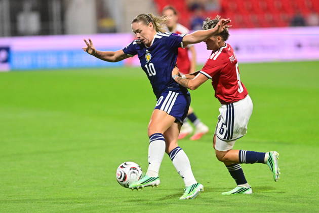 L-R Kirsty Hanson (SCO) and Aneta Polaskova (CZE) in action during the European qualifying part for 2027 Women s Football World Cup match: Czech Republic vs Scotland, in Pardubice, Czech Republic, on October 9, 2026. (CTKxPhoto JosefxVostarek) CTKPhotoP2026100908365  CTKPhotoP2026100908365