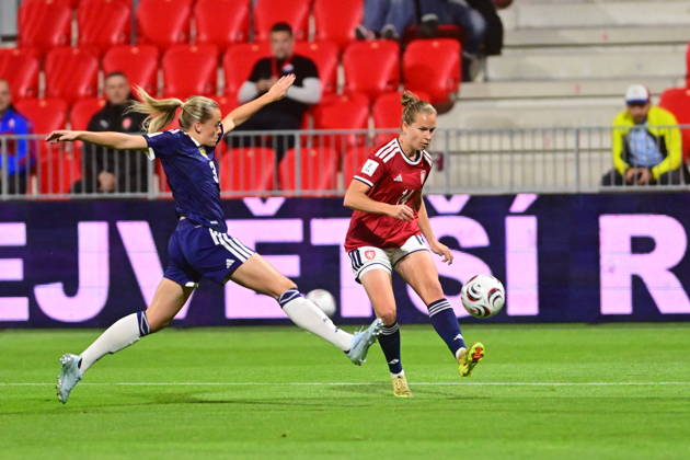 L-R Amy Muir (SCO) and Michaela Khyrova (CZE) in action during the European qualifying part for 2027 Women s Football World Cup match: Czech Republic vs Scotland, in Pardubice, Czech Republic, on October 9, 2026. (CTKxPhoto JosefxVostarek) CTKPhotoP2026100908376  CTKPhotoP2026100908376
