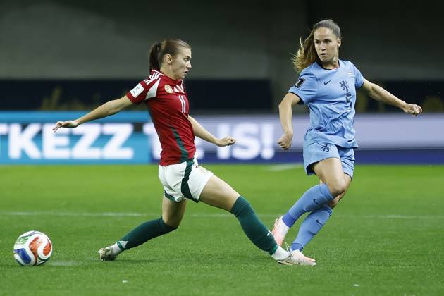 FELCSUT, 09-10-2026 , Pancho Arena, season 2026 2027 , UEFA worldcup qualification football play-offs round 1 , match between Hungary and The Netherlands (women) 1st leg , Pictures shows Netherlands player Marisa Olislagers and Hungary player Zsofia Mayer Hungary - Netherlands (women)  x208075784x Copyright: