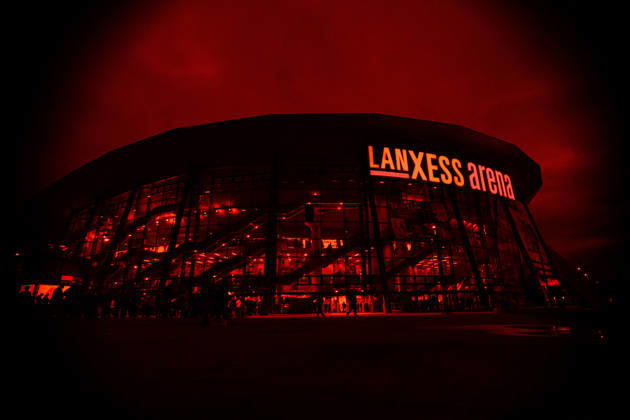 COLOGNE, GERMANY - 9 OCTOBER, 2026: (Editor note: used red filter) General view of Lanxes Arena - The PENNY DEL Ice hockey, Eishockey match Koelner Haie vs. Schwenninger Wild Wings at LANXESS arena. Copyright: xVitaliixKliuievx