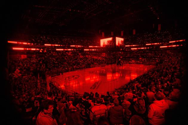 COLOGNE, GERMANY - 9 OCTOBER, 2026: (Editor note: used red filter) General view of Lanxes Arena - The PENNY DEL Ice hockey, Eishockey match Koelner Haie vs. Schwenninger Wild Wings at LANXESS arena. Copyright: xVitaliixKliuievx