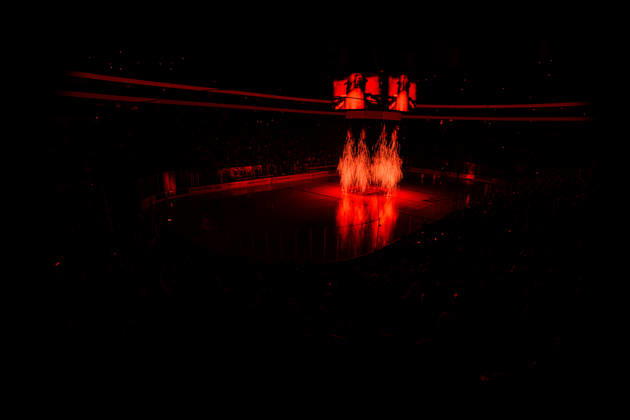 COLOGNE, GERMANY - 9 OCTOBER, 2026: (Editor note: used red filter) General view pre show - The PENNY DEL Ice hockey, Eishockey match Koelner Haie vs. Schwenninger Wild Wings at LANXESS arena. Copyright: xVitaliixKliuievx