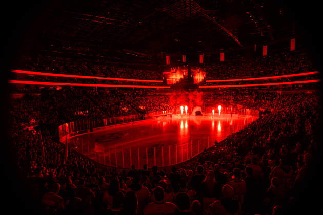 COLOGNE, GERMANY - 9 OCTOBER, 2026: (Editor note: used red filter) General view pre show - The PENNY DEL Ice hockey, Eishockey match Koelner Haie vs. Schwenninger Wild Wings at LANXESS arena. Copyright: xVitaliixKliuievx