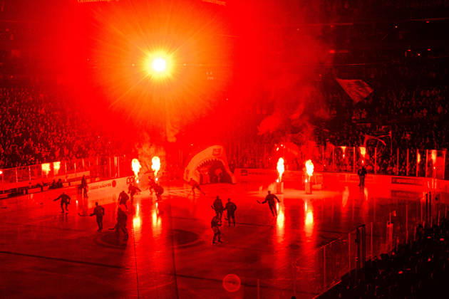 COLOGNE, GERMANY - 9 OCTOBER, 2026: (Editor note: used red filter) General view pre show - The PENNY DEL Ice hockey, Eishockey match Koelner Haie vs. Schwenninger Wild Wings at LANXESS arena.  Copyright: xVitaliixKliuievx