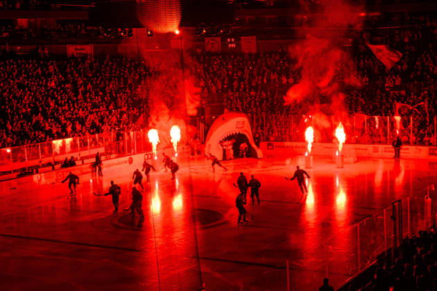 COLOGNE, GERMANY - 9 OCTOBER, 2026: (Editor note: used red filter) General view pre show - The PENNY DEL Ice hockey, Eishockey match Koelner Haie vs. Schwenninger Wild Wings at LANXESS arena. Copyright: xVitaliixKliuievx