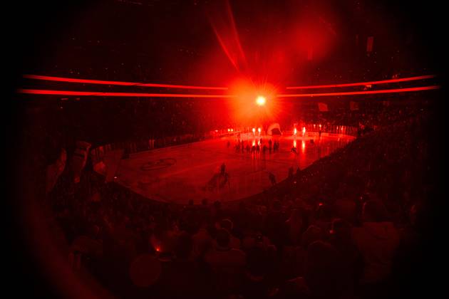 COLOGNE, GERMANY - 9 OCTOBER, 2026: (Editor note: used red filter) General view pre show - The PENNY DEL Ice hockey, Eishockey match Koelner Haie vs. Schwenninger Wild Wings at LANXESS arena. Copyright: xVitaliixKliuievx