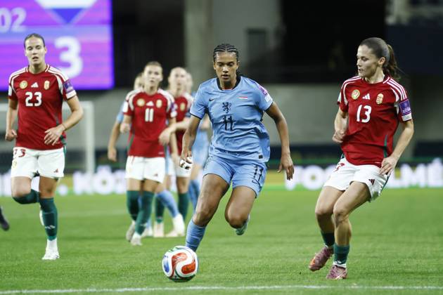 FELCSUT, 09-10-2026 , Pancho Arena, season 2026 2027 , UEFA worldcup qualification football play-offs round 1 , match between Hungary and The Netherlands (women) 1st leg , Pictures shows Netherlands player Esmee Brugts and Hungary player Viktoria Nagy Hungary - Netherlands (women)  x208077571x Copyright: