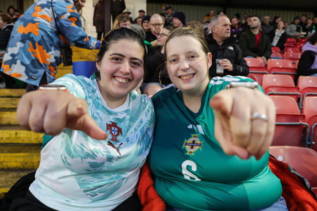 2027 FIFA Women s World Cup Round One Qualifying Play-off First Leg, Inver Park, Larne 9 10 2026 Northern Ireland vs Portugal A view of a Portugal fan and Northern Ireland fan ahead of the match A view of a Portugal fan and Northern Ireland fan ahead of the match 9 10 2026 Copyright: xx N Ireland v Portugal_026