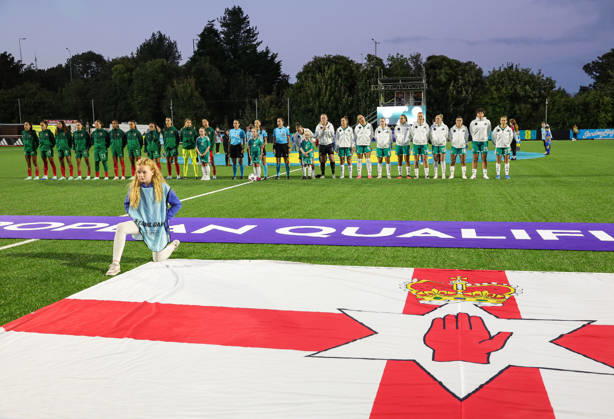 2027 FIFA Women s World Cup Round One Qualifying Play-off First Leg, Inver Park, Larne 9 10 2026 Northern Ireland vs Portugal A view of both teams during the anthems A view of both teams during the anthems 9 10 2026 Copyright: xx N Ireland v Portugal_028