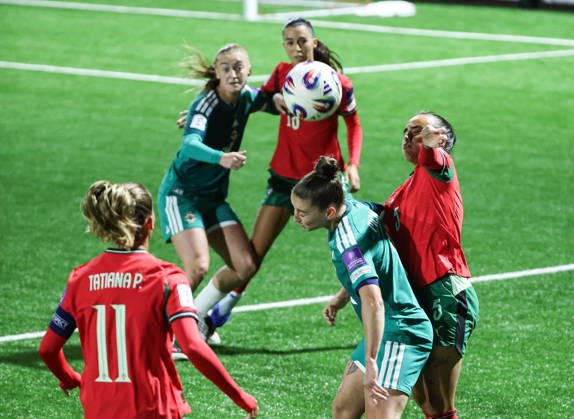2027 FIFA Women s World Cup Round One Qualifying Play-off First Leg, Inver Park, Larne 9 10 2026 Northern Ireland vs Portugal Northern Ireland™s Rebecca McKenna with Portugal s Nelly Rodrigues Rebecca McKenna with Nelly Rodrigues 9 10 2026  Copyright: xx N Ireland v Portugal_040