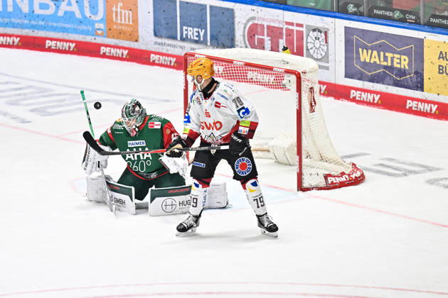 Penny DEL; Augsburger Panther - Fischtown Pinguins, 09.10.2026 AUGSBURG, GERMANY; 09. OCTOBER: im Bild Tobias ANCICKA (Augsburger Panther 45) und Colt CONRAD (Fischtown Pinguins 79) während dem Match der Penny DEL zwischen den Augsburger Panthern und den Fischtown Pinguins am 7. Spieltag im Curt Frenzel Stadion Copyright: xBEAUTIFULxSPORTS Goldbergx