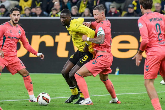 v. li. im Zweikampf Serhou Guirassy (Dortmund 9) Marco Friedl (Bremen 32) 09.10.2026 ¢ Fussball ¢ Borussia Dortmund vs SV Werder Bremen, Signal Iduna Park, Dortmund, DFB DFL REGULATIONS PROHIBIT ANY USE OF PHOTOGRAPHS AS IMAGE SEQUENCES AND OR QUASI-VIDEO NRW Germany