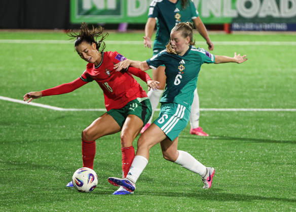 2027 FIFA Women s World Cup Round One Qualifying Play-off First Leg, Inver Park, Larne 9 10 2026 Northern Ireland vs Portugal Northern Ireland™s Aimee Kerr with Portugal s Carolina Correia Aimee Kerr with Carolina Correia 9 10 2026 Copyright: xx N Ireland v Portugal_051