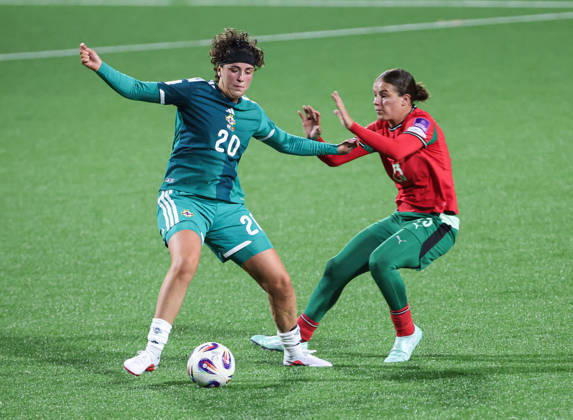 2027 FIFA Women s World Cup Round One Qualifying Play-off First Leg, Inver Park, Larne 9 10 2026 Northern Ireland vs Portugal Northern Ireland™s Fionnuala Morgan with Portugal s Telma Encarnaca Fionnuala Morgan with Telma Encarnaca 9 10 2026 Copyright: xx N Ireland v Portugal_052