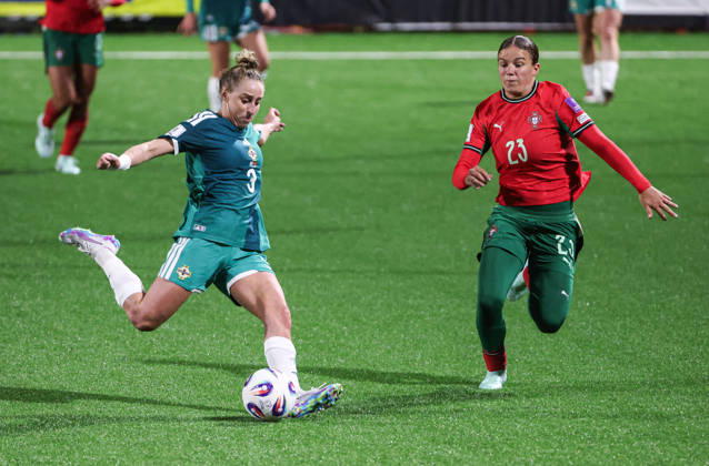 2027 FIFA Women s World Cup Round One Qualifying Play-off First Leg, Inver Park, Larne 9 10 2026 Northern Ireland vs Portugal Northern Ireland™s Natalie Johnson with Portugal s Telma Encarnaca Natalie Johnson with Telma Encarnaca 9 10 2026 Copyright: xx N Ireland v Portugal_055