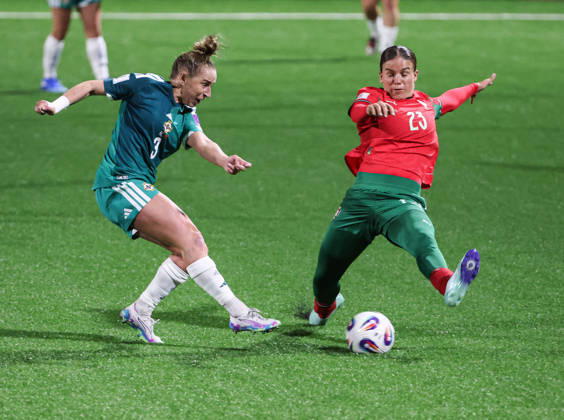 2027 FIFA Women s World Cup Round One Qualifying Play-off First Leg, Inver Park, Larne 9 10 2026 Northern Ireland vs Portugal Northern Ireland™s Natalie Johnson with Portugal s Telma Encarnaca Natalie Johnson with Telma Encarnaca 9 10 2026 Copyright: xx N Ireland v Portugal_056