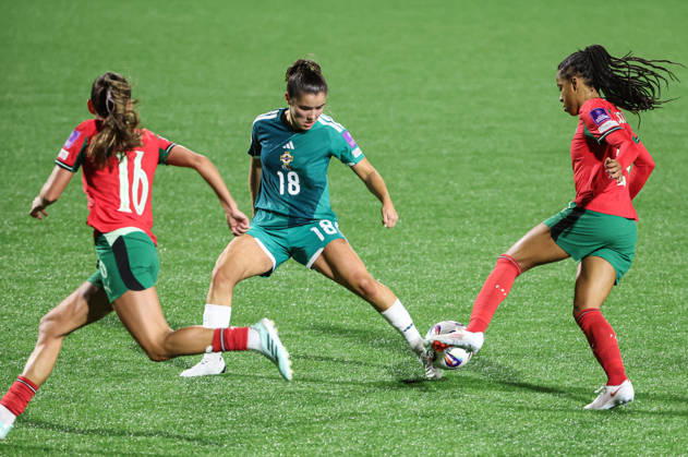2027 FIFA Women s World Cup Round One Qualifying Play-off First Leg, Inver Park, Larne 9 10 2026 Northern Ireland vs Portugal Northern Ireland™s Sarah McMaster with Portugal s JÃ Sarah McMaster with JÃ ssica Silva 9 10 2026 Copyright: xx N Ireland v Portugal_061
