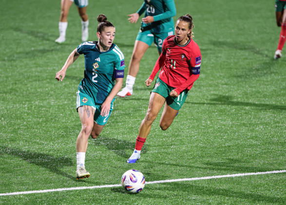 2027 FIFA Women s World Cup Round One Qualifying Play-off First Leg, Inver Park, Larne 9 10 2026 Northern Ireland vs Portugal Northern Ireland™s Rebecca McKenna with Portugal s Tatiana Pinto Rebecca McKenna with Tatiana Pinto 9 10 2026 Copyright: xx N Ireland v Portugal_064