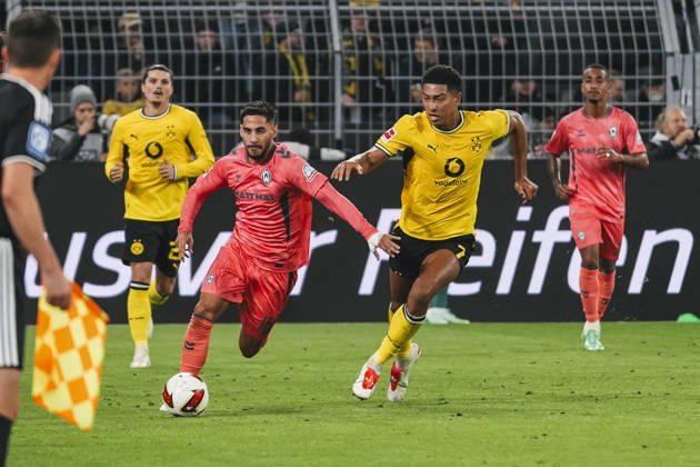09.10.2026, xjmrgnx, Fussball 1.Bundesliga, Borussia Dortmund - SV Werder Bremen v.l. Laufduell zwischen Ludovit Reis (15, Bremen) und Jobe Bellingham (7, Dortmund) (DFL DFB REGULATIONS PROHIBIT ANY USE OF PHOTOGRAPHS as IMAGE SEQUENCES and or QUASI-VIDEO) Dortmund